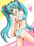  1girl aqua_eyes aqua_hair arched_back arms_behind_back bikini from_side hair_ribbon hatsune_miku highres long_hair looking_at_viewer nishi_kita open_mouth ribbon solo swimsuit twintails very_long_hair vocaloid 