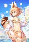  1girl absurdres adapted_costume animal_ears animal_ears_(artist) beach bikini blonde_hair blue_sky breasts clouds cloudy_sky collarbone day extra_ears food front-tie_top highres innertube kemono_friends looking_to_the_side navel ocean off_shoulder open_clothes open_mouth outdoors popsicle see-through_silhouette serval_(kemono_friends) serval_ears serval_print serval_tail shirt short_hair sky small_breasts solo striped_tail swimsuit tail water wet wet_clothes wet_shirt white_shirt yellow_eyes 