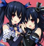  &gt;:d 2girls :d black_hair blue_ribbon blush bow breasts bridal_gauntlets choujigen_game_neptune choujigen_game_neptune_mk2 cleavage detached_collar eyebrows eyebrows_visible_through_hair hair_ornament hair_ribbon hands_together holding_hands long_hair looking_at_viewer medium_breasts multiple_girls neptune_(series) noire official_art open_mouth pink_background puffy_sleeves red_eyes ribbon siblings simple_background sisters smile tsunako twintails two_side_up uni_(choujigen_game_neptune) upper_body wing_collar 