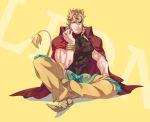  1boy abs animal_ears black_nails blonde_hair cape dio_brando fang full_body heart highres jojo_no_kimyou_na_bouken kemonomimi_mode knee_pads less_end lion_ears lion_tail male_focus muscle nail_polish orange_eyes pointy_shoes shoes sitting solo tail wrist_cuffs yellow_background 