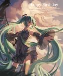  1girl 2016 absurdres artist_name character_name clouds dated detached_sleeves green_eyes green_hair happy_birthday hatsune_miku highres long_hair necktie open_mouth outstretched_arms skirt solo spread_arms thigh-highs toushi_(1213704694) twintails very_long_hair vocaloid 