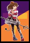  1girl abazu-red alternate_costume brown_eyes brown_hair commentary_request frilled_skirt frills halloween highres holding kantai_collection long_hair looking_at_viewer pantyhose polearm ryuujou_(kantai_collection) skirt solo trident twintails visor_cap weapon 
