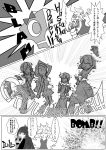  2girls anison bow cake closed_eyes comic dress earrings eating explosion firing food fork greyscale gun hair_bow highres jewelry long_hair monochrome multiple_girls panty_&amp;_stocking_with_garterbelt panty_(psg) plate stocking_(psg) translation_request weapon 