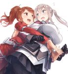  2girls aquila_(kantai_collection) armpits black_gloves black_legwear blonde_hair blush breasts brown_eyes brown_hair capelet celtic_knot gloves graf_zeppelin_(kantai_collection) hair_between_eyes high_ponytail hug hug_from_behind kantai_collection large_breasts long_hair miniskirt multiple_girls open_mouth pantyhose sidelocks simple_background skirt smile twintails white_background yomo_(majidon) 