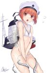  1girl absurdres artist_name bikini brown_eyes brown_hair commentary_request covering covering_crotch enemy_naval_mine_(kantai_collection) flying_sweatdrops hat highres kantai_collection looking_at_viewer machinery nagiha_kuten navel open_mouth sailor_bikini sailor_collar sailor_hat shinkaisei-kan short_hair signature simple_background sweat swimsuit tears tentacles untied untied_bikini white_background white_bikini white_hat z3_max_schultz_(kantai_collection) 