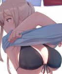  1girl bikini_top black_bikini_top blonde_hair breasts brown_eyes cleavage front-tie_top graf_zeppelin_(kantai_collection) kantai_collection large_breasts looking_away looking_to_the_side osterei shade shirt_lift smile twintails undressing 