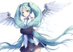  1girl chariot.f detached_sleeves green_eyes green_hair hatsune_miku headset long_hair looking_at_viewer mechanical_wings necktie simple_background skirt smile solo twintails very_long_hair vocaloid white_background wings 