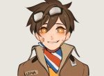  1girl bandaid bandaid_on_cheek bandaid_on_face bandana bangs bjmaki bomber_jacket brown_hair brown_jacket character_name commentary freckles goggles goggles_on_head grin hair_between_eyes jacket looking_at_viewer open_clothes open_jacket overwatch short_hair simple_background smile solo spiky_hair tracer_(overwatch) track_jacket union_jack upper_body yellow_eyes younger 