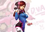  1girl artist_name bangs bodysuit breasts brown_eyes brown_hair character_name charm_(object) clothes_writing covered_navel cowboy_shot d.va_(overwatch) facepaint facial_mark freezing_(qq774517855) gloves gun handgun headphones highres holding holding_gun holding_weapon korean light_smile lips long_hair looking_to_the_side mecha medium_breasts meka_(overwatch) nose overwatch pilot_suit pistol side_glance signature skin_tight solo swept_bangs translation_request weapon whisker_markings white_background white_gloves 