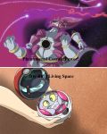  absurdres aladdin_(disney) clenched_hands closed_eyes cryomancer english error fang highres holding holding_poke_ball hoopa parody parted_lips poke_ball pokemon space 