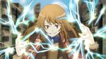  1girl blue_bow blue_bowtie bow bowtie brown_eyes coat coppelion evil_grin evil_smile grin irae_creation light_brown_hair long_hair looking_at_viewer outdoors ozu_kanon pale_skin power_lines ruins scarf smile solo upper_body 