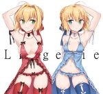  2girls absurdres ahoge armpits babydoll blonde_hair breasts cleavage fate/extra fate/stay_night fate_(series) green_eyes highres lingerie multiple_girls navel rinchu saber saber_extra sleepwear thigh-highs underwear 