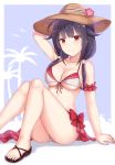  1girl armband bikini black_hair cai_geng flower hair_flaps hat highres kantai_collection long_hair low_twintails red_eyes ryuuhou_(kantai_collection) sarong sitting smile sun_hat swimsuit taigei_(kantai_collection) twintails 