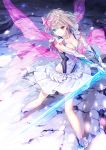  1girl 3:&lt; blonde_hair blue_eyes blue_reflection boots breasts brown_eyes cleavage elbow_gloves gloves glowing glowing_weapon heterochromia holding holding_weapon jewelry kishida_mel necklace official_art pleated_skirt ribbon ring shirai_hinako short_hair skirt solo sword weapon 