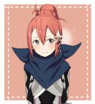  1girl armor blue_scarf blush fire_emblem fire_emblem_if frame grey_eyes hair_bun hair_ornament kanna_(fire_emblem_if) looking_at_viewer nyorotono pink_hair pointy_ears scarf smile solo upper_body 