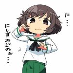  1girl akiyama_yukari black_eyes black_hair commentary girls_und_panzer green_skirt kanikama long_sleeves lowres necktie school_uniform short_hair simple_background skirt solo sweatdrop translation_request white_background 