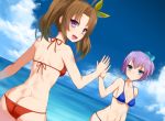  2girls :d alternate_costume arm_at_side ass bangs beach bikini blue_bikini blue_eyes bow breasts brown_hair butt_crack cleavage clouds cloudy_sky collarbone dutch_angle expressionless eyebrows eyebrows_visible_through_hair grin groin hair_between_eyes hair_bow hair_ornament hair_ribbon high_five kagerou_(kantai_collection) kantai_collection kusaka_souji looking_at_viewer looking_back lowleg lowleg_bikini medium_breasts midriff multiple_girls navel ocean open_mouth outdoors parted_bangs pink_hair ponytail red_bikini ribbon shiranui_(kantai_collection) sky smile swimsuit thighs twintails violet_eyes yellow_ribbon 