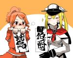  2girls aquila_(kantai_collection) blonde_hair breath brown_eyes calligraphy closed_eyes gloves graf_zeppelin_(kantai_collection) hair_ornament hairclip hat high_ponytail kantai_collection multiple_girls orange_hair paper rebecca_(keinelove) smile smug sparkle translated 