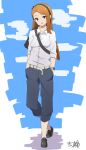  1girl bag belt brown_hair clouds crossed_legs dress_shirt full_body hairband hands_in_pockets idolmaster loafers long_hair looking_at_viewer messenger_bag minase_iori no_socks pants pants_rolled_up red_eyes shirt shoes shoulder_bag signature sketch sky solo watch watch yoshiwa_tomo 