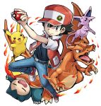  1boy baseball_cap belt black_hair charizard denim earth_badge espeon hat holding holding_poke_ball jacket jeans male_focus open_clothes open_jacket pants pikachu poke_ball pokemoa pokemon pokemon_(creature) pokemon_(game) pokemon_rgby red_(pokemon) red_(pokemon)_(classic) short_sleeves simple_background smile snorlax white_background 