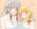  2girls blonde_hair blue_eyes blush braid contemporary grin izayoi_sakuya kirisame_marisa multiple_girls open_mouth silver_hair sketch smile sou_futoshi touhou twin_braids v yellow_eyes 