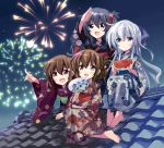  4girls akatsuki_(kantai_collection) all_fours alternate_costume alternate_hairstyle barefoot black_eyes black_hair blue_eyes brown_eyes brown_hair fan fireworks folded_ponytail food fruit hibiki_(kantai_collection) highres hizuki_yayoi ikazuchi_(kantai_collection) inazuma_(kantai_collection) japanese_clothes kantai_collection kimono long_hair multiple_girls night night_sky paper_fan pointing rooftop short_hair silver_hair sitting sitting_on_roof sky uchiwa watermelon yukata 