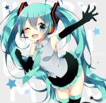  1girl aqua_eyes aqua_hair black_gloves elbow_gloves gloves hatsune_miku headset long_hair necktie one_eye_closed open_mouth outstretched_arm shizuku_(puti_0414) skirt solo thigh-highs twintails very_long_hair vocaloid 