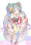  1girl :p bare_shoulders blue_eyes blue_hair blue_legwear cake crown dog earrings food fruit gin_(oyoyo) hatsune_miku high_heels jewelry long_hair simple_background sitting smile strawberry thigh-highs tongue tongue_out twintails very_long_hair vocaloid 