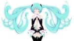  1girl aqua_hair bare_shoulders bridal_gauntlets center_opening closed_eyes floating_hair hatsune_miku highres long_hair miku_append navel necktie simple_background solo thigh-highs very_long_hair vocaloid vocaloid_append yuzuki_kei 