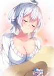  1girl ahoge breasts casual cleavage collarbone hat hat_removed headwear_removed large_breasts long_hair looking_at_viewer matoi_(pso2) milkpanda phantasy_star phantasy_star_online_2 smile solo stamp-sheet straw_hat sweater translation_request white_hair 