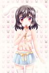  1girl :q animal_ears bare_arms black_hair bunny_background bunny_print carrot_necklace contemporary cowboy_shot crop_top food highres ice_cream ice_cream_cone inaba_tewi midriff miniskirt navel patterned_background pink_background pleated_skirt rabbit_ears red_eyes reimei_(r758120518) short_hair skirt smile solo thigh-highs tongue tongue_out touhou white_legwear zettai_ryouiki 