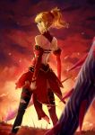  1girl blonde_hair blurry depth_of_field detached_sleeves fate/apocrypha fate/grand_order fate_(series) from_behind green_eyes kaito_nina long_hair looking_back ponytail rhongomyniad saber_of_red solo sword thigh-highs torn_clothes torn_thighhighs weapon 