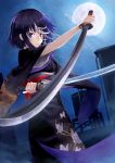  1girl bandages black_hair blue_eyes dual_wielding full_moon heterochromia highres japanese_clothes kaito_nina katana kimono moon original red_eyes reverse_grip short_hair solo sword weapon 