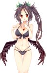  1girl :o ass_visible_through_thighs bare_legs bikini black_bikini black_hair black_wings blush bow breasts cleavage collarbone eyebrows eyebrows_visible_through_hair front-tie_bikini front-tie_top green_bow groin hair_bow highres jewelry long_hair looking_at_viewer maturiuta_sorato medium_breasts multi-strapped_bikini navel o-ring_top pendant red_eyes reiuji_utsuho sidelocks simple_background skinny solo standing swimsuit thigh_gap touhou white_background wings 