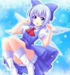  1girl alternate_footwear arms_up bloomers blue_background blue_dress blue_eyes blue_hair blush boots cirno dress folded_leg hair_ribbon highres looking_at_viewer open_mouth puffy_short_sleeves puffy_sleeves reimei_(r758120518) ribbon round_teeth short_hair short_sleeves snowflakes solo teeth touhou underwear white_boots wings 