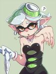  +_+ 1girl ? arm_up armpits bare_shoulders black_dress blush bow breasts cleavage commentary_request detached_collar domino_mask dress earrings eyebrows food food_on_head gloves green_background hair_bow hat hotaru_(splatoon) hua113 jewelry looking_at_viewer mask mole mole_under_eye nail_polish object_on_head pointy_ears short_hair silver_hair simple_background solo splatoon spoken_question_mark strapless sweat sweatdrop symbol-shaped_pupils tentacle_hair tentacles thick_eyebrows triangle_mouth white_gloves yellow_eyes 
