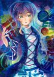  1girl absurdres blonde_hair blue_hair bubble gradient_eyes gradient_hair highres hijiri_byakuren multicolored_eyes multicolored_hair purple_hair solo sorcerer&#039;s_sutra_scroll touhou traditional_media water yellow_eyes 