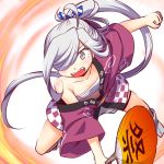  1girl :d ahoge aqua_eyes asashimo_(kantai_collection) budget_sarashi collarbone commentary_request fan flat_chest futatsuki_hisame hair_over_one_eye hair_ribbon happi holding japanese_clothes kantai_collection long_hair looking_at_viewer open_mouth paper_fan ponytail ribbon sarashi silver_hair smile solo uchiwa 