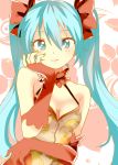  1girl aqua_eyes aqua_hair elbow_gloves fingerless_gloves gloves hand_on_own_chin hatsune_miku light_smile long_hair looking_at_viewer mismatched_gloves nail_polish orangen solo twintails vocaloid 