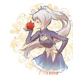  1girl apple breasts closed_eyes earrings food fruit hair_ornament iesupa jewelry kiss ponytail rwby scar side_ponytail skirt snow_white_and_the_seven_dwarfs solo weiss_schnee 