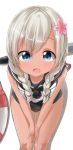  1girl :o absurdres alternate_hairstyle blue_eyes braid eyebrows eyebrows_visible_through_hair flower hair_flower hair_ornament highres kantai_collection lifebuoy long_hair looking_at_viewer open_mouth pentagon_(railgun_ky1206) platinum_blonde ro-500_(kantai_collection) simple_background solo swimsuit swimsuit_under_clothes tan tanline torpedo twin_braids v-arms white_background 