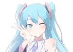  1girl ;) abmayo bare_shoulders blue_eyes blue_hair blush eyebrows eyebrows_visible_through_hair hatsune_miku looking_at_viewer one_eye_closed simple_background smile solo twintails upper_body v vocaloid white_background 