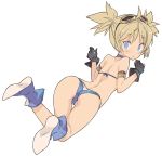  1girl ass bikini blade_(galaxist) blonde_hair blue_eyes blush boots choker from_behind gloves goggles goggles_on_head granblue_fantasy looking_back pengie short_hair short_twintails solo swimsuit twintails 