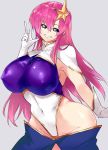  1girl blue_eyes blush breasts commentary_request covered_nipples gloves gundam gundam_seed gundam_seed_destiny hair_ornament highleg highres large_breasts long_hair meer_campbell negresco pink_hair smile solo star star_hair_ornament 