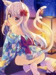  1girl :3 absurdres animal_ears ass bare_shoulders bell black_legwear blue_eyes blurry breasts cat_ears cat_tail dengeki_moeou depth_of_field eyebrows eyebrows_visible_through_hair floral_print flower from_side glint hair_flower hair_ornament highres indoors japanese_clothes jingle_bell kimono kneeling long_hair looking_at_viewer medium_breasts multiple_tails no_panties obi off_shoulder paw_pose ribbon sash scan short_kimono short_yukata solo spider_lily tabi tail tail_bell tail_ribbon takei_ooki thigh-highs white_hair yukata 