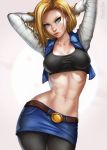  1girl abs adjusting_hair android_18 arms_behind_head arms_up belt blonde_hair blue_eyes breasts cleavage contrapposto crop_top cropped_jacket dandon_fuga dragon_ball dragon_ball_z earrings jewelry looking_at_viewer medium_breasts midriff navel pantyhose short_hair skirt solo stomach toned torn_clothes torn_sleeves 