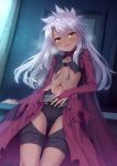  1girl black_panties blush breasts breath chloe_von_einzbern dark_skin fate/kaleid_liner_prisma_illya fate_(series) highres long_hair long_sleeves looking_at_viewer navel open_mouth panties pink_hair showgirl_skirt small_breasts smile solo sweat tattoo tomifumi underwear yellow_eyes 