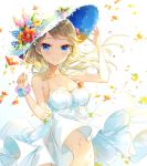  1girl bare_shoulders blonde_hair blue_eyes breasts cleavage closed_mouth dress eyebrows flower fuumi_(radial_engine) hair_flower hair_ornament hand_on_headwear hat hat_flower light_smile long_hair looking_at_viewer medium_breasts navel original out-of-frame_censoring solo straw_hat sundress white_dress wrist_cuffs 