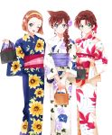  3girls alternate_costume alternate_hairstyle arch_lapin basket blue_eyes blush braid brown_hair floral_print flower green_eyes hair_flower hair_ornament hairband highres japanese_clothes kimono long_hair long_sleeves looking_at_viewer meitantei_conan mouri_ran multiple_girls obi one_eye_closed ponytail sash short_hair single_braid smile suzuki_sonoko tooyama_kazuha white_background wide_sleeves yukata 