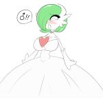  1boy artist_request bangs blush breasts dress eyelashes gardevoir green_eyes green_hair highres jewelry large_breasts lipstick makeup male_focus mega_gardevoir necklace one_eye_closed open_mouth otoko_no_ko pokemon simple_background solo source_request speech_bubble swept_bangs tears wedding_dress white_background white_dress 